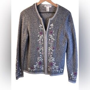 Dressbarn Women's Gray Cardigan with Purple Floral Design Silk/Angora Blend Sz M